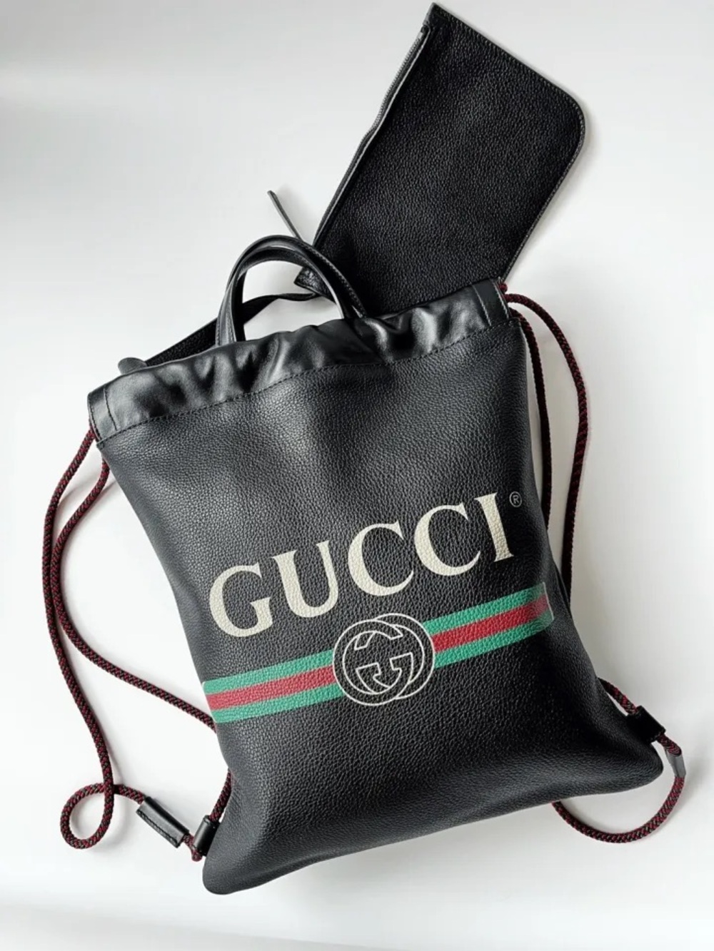Gucci Black Leather Drawstring Backpack with Green-Red Web Stripe